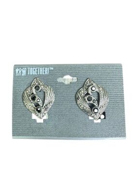 Vintage Silver-Tone Clip On Marcasite Earrings with Black Stones
